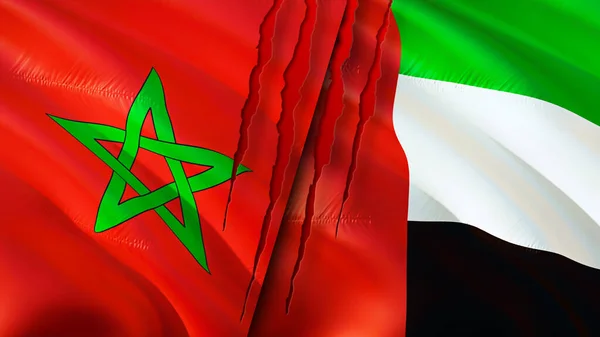 Morocco United Arab Emirates Flags Scar Concept Waving Flag Rendering — Stock Photo, Image