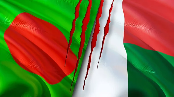 Banderas Bangladesh Madagascar Con Concepto Cicatriz Bandera Ondeante Representación Bangladesh — Foto de Stock