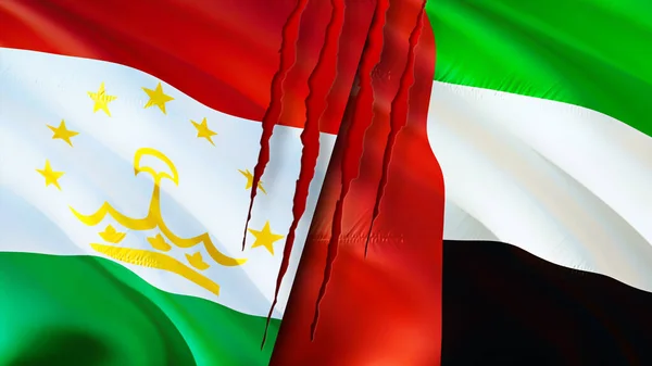 Tajikistan and United Arab Emirates flags with scar concept. Waving flag,3D rendering. Tajikistan and United Arab Emirates conflict concept. Tajikistan United Arab Emirates relations concept. fla