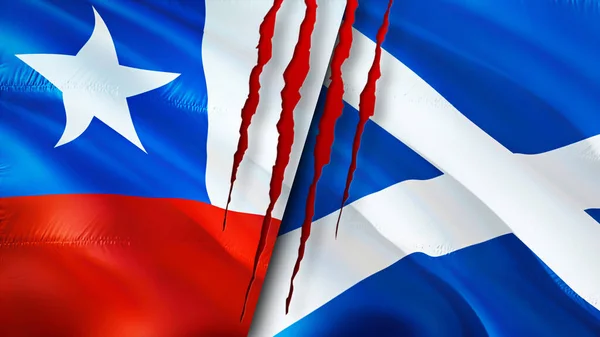 Chile and Scotland flags with scar concept. Waving flag,3D rendering. Chile and Scotland conflict concept. Chile Scotland relations concept. flag of Chile and Scotland crisis,war, attack concep