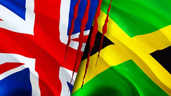 United Kingdom and Jamaica flags with scar concept. Waving flag,3D rendering. United Kingdom and Jamaica conflict concept. United Kingdom Jamaica relations concept. flag of United Kingdom an