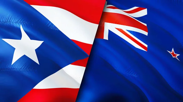 波多黎各和新西兰的国旗 3D波浪旗帜设计 波多黎各的旗帜 波多黎各对新西兰的图像 3D渲染 波多黎各新西兰关系联盟C — 图库照片