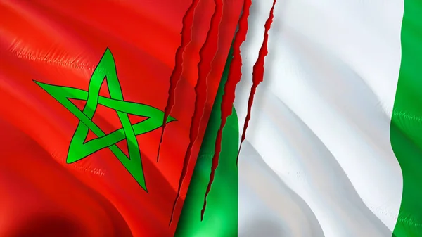 摩洛哥和尼日利亚的国旗带有疤痕概念 飘扬的旗帜 3D渲染 摩洛哥和尼日利亚冲突概念 摩洛哥 尼日利亚关系概念 摩洛哥和尼日利亚国旗危机 — 图库照片