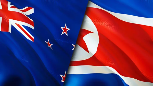 新西兰和朝鲜的国旗 3D波浪旗帜设计 新西兰北朝鲜国旗 新西兰对朝鲜的图像 3D渲染 新西兰北朝鲜关系Wa — 图库照片