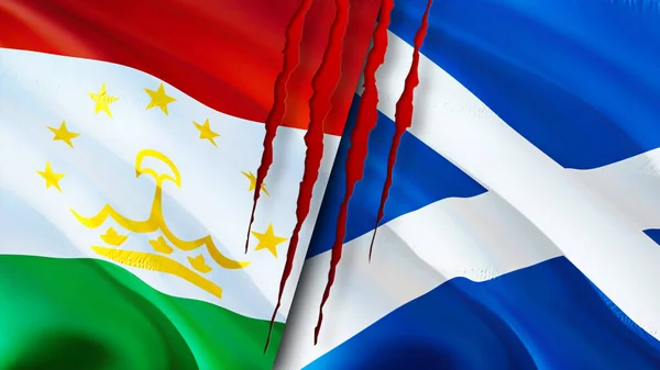 Tajikistan and Scotland flags with scar concept. Waving flag,3D rendering. Tajikistan and Scotland conflict concept. Tajikistan Scotland relations concept. flag of Tajikistan and Scotlan