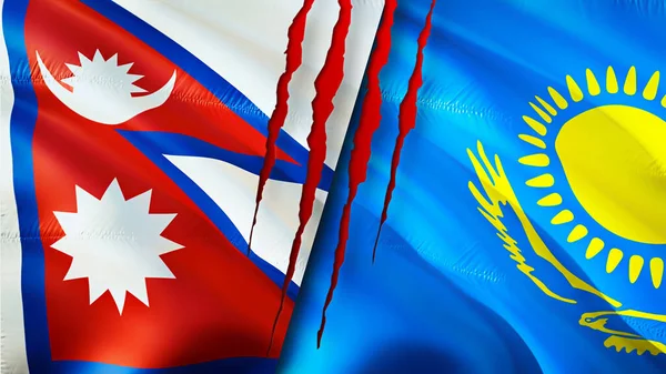 Nepal and Kazakhstan flags with scar concept. Waving flag,3D rendering. Nepal and Kazakhstan conflict concept. Nepal Kazakhstan relations concept. flag of Nepal and Kazakhstan crisis,war, attac