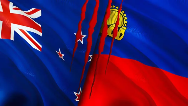 新西兰和列支敦士登的国旗带有疤痕概念 波浪旗3D渲染 新西兰和列支敦士登冲突概念 新西兰列支敦士登关系概念 新西兰的国旗A — 图库照片