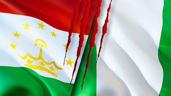 Tádzsikisztán Nigéria Zászlók Sebhely Koncepció Lengő Zászló Renderelés Tádzsikisztán Nigéria — Stock Fotó
