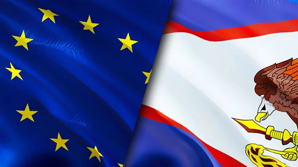 European Union and American Samoa flags. 3D Waving flag design. European Union American Samoa flag, picture, wallpaper. European Union vs American Samoa image,3D rendering. European Union America