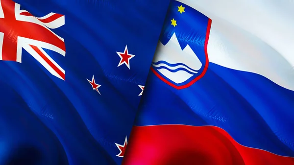 New Zealand and Slovenia flags. 3D Waving flag design. New Zealand Slovenia flag, picture, wallpaper. New Zealand vs Slovenia image,3D rendering. New Zealand Slovenia relations war allianc
