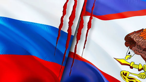 Russia and American Samoa flags with scar concept. Waving flag,3D rendering. Russia and American Samoa conflict concept. Russia American Samoa relations concept. flag of Russia and American Samo
