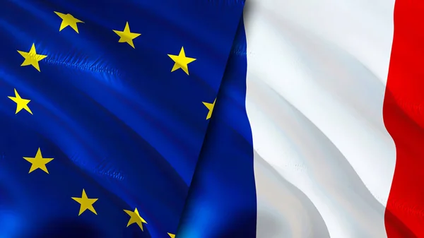European Union and France flags. 3D Waving flag design. European Union France flag, picture, wallpaper. European Union vs France image,3D rendering. European Union France relations alliance an