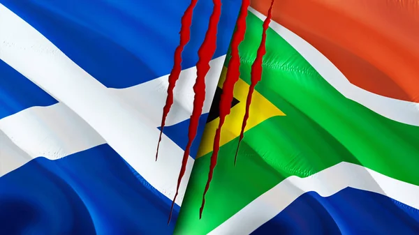 Escocia Sudáfrica Banderas Con Concepto Cicatriz Bandera Ondeante Representación Escocia — Foto de Stock
