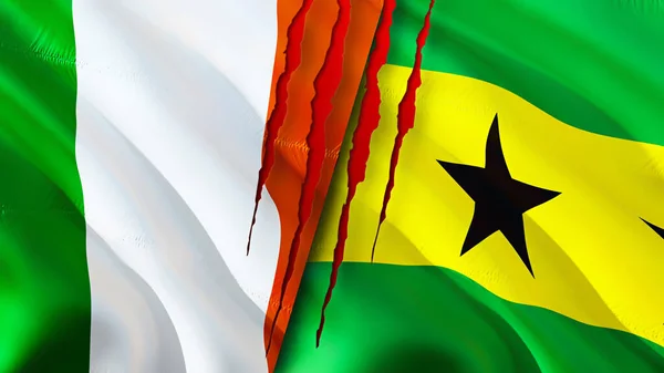 Irland Und Sao Tomé Und Principe Flaggen Mit Narbenkonzept Fahnenschwenken — Stockfoto