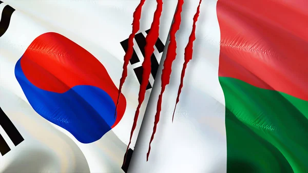 Banderas Corea Del Sur Madagascar Con Concepto Cicatriz Bandera Ondeante —  Fotos de Stock