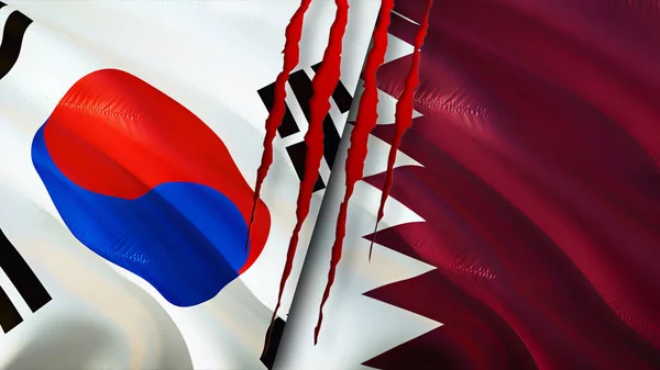 South Korea and Qatar flags with scar concept. Waving flag,3D rendering. South Korea and Qatar conflict concept. South Korea Qatar relations concept. flag of South Korea and Qatar crisis,war, attac