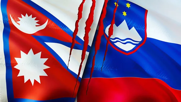 Nepal and Slovenia flags with scar concept. Waving flag,3D rendering. Nepal and Slovenia conflict concept. Nepal Slovenia relations concept. flag of Nepal and Slovenia crisis,war, attack concep