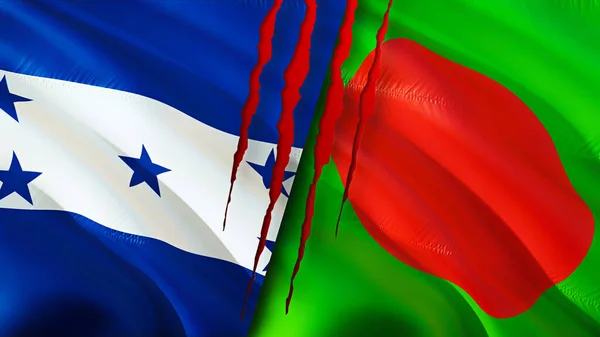 Honduras and Bangladesh flags with scar concept. Waving flag 3D rendering. Honduras and Bangladesh conflict concept. Honduras Bangladesh relations concept. flag of Honduras and Banglades