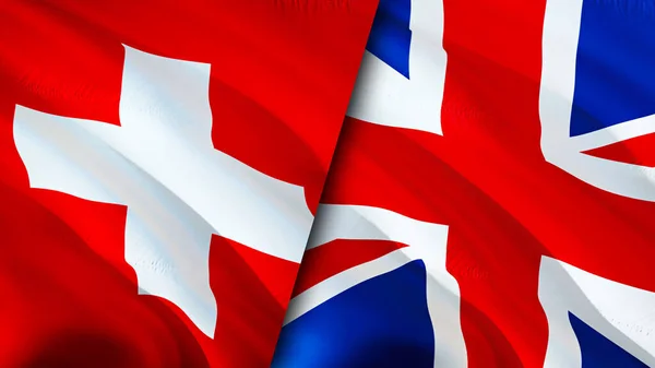 Switzerland and United Kingdom flags. 3D Waving flag design. Switzerland United Kingdom flag, picture, wallpaper. Switzerland vs United Kingdom image,3D rendering. Switzerland United Kingdo