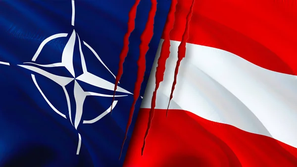NATO and Austria flags with scar concept. Waving flag,3D rendering. Austria and NATO conflict concept. NATO Austria relations concept. flag of NATO and Austria crisis,war, attack concep