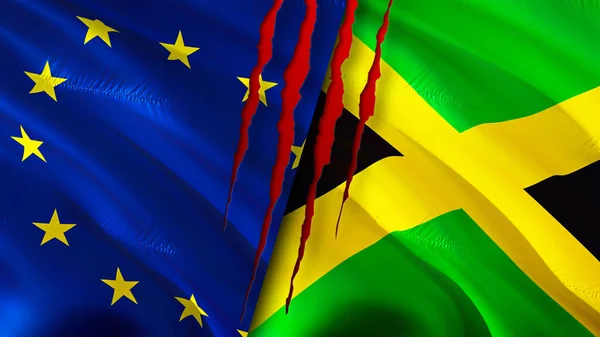 European Union and Jamaica flags with scar concept. Waving flag,3D rendering. European Union and Jamaica conflict concept. European Union Jamaica relations concept. flag of European Union an