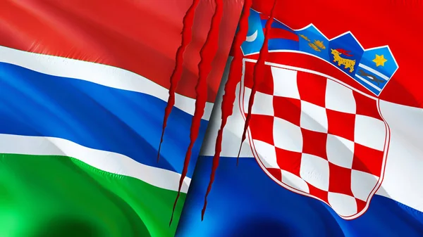 Bandeiras Gâmbia Croácia Com Conceito Cicatriz Bandeira Ondulada Renderização Gâmbia — Fotografia de Stock