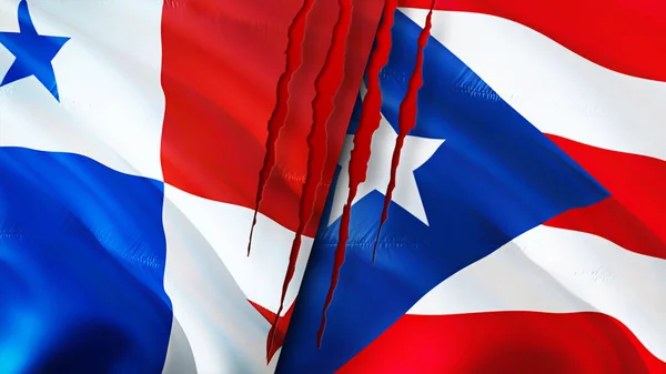 パナマとプエルトリコは傷の概念で旗を翻す 旗を振って3Dレンダリング パナマとプエルトリコの紛争の概念 パナマ プエルトリコ関係の概念 パナマ プエルトリコ危機戦争の旗 — ストック写真