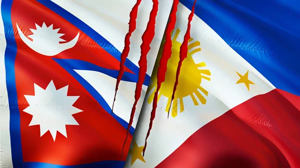 Nepal and Philippines flags with scar concept. Waving flag,3D rendering. Nepal and Philippines conflict concept. Nepal Philippines relations concept. flag of Nepal and Philippines crisis,war, attac