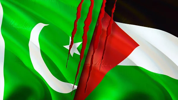 Pakistan and Palestine flags with scar concept. Waving flag,3D rendering. Pakistan and Palestine conflict concept. Pakistan Palestine relations concept. flag of Pakistan and Palestine crisis,war