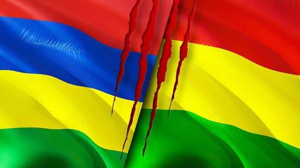 Mauritius and Bolivia flags with scar concept. Waving flag,3D rendering. Mauritius and Bolivia conflict concept. Mauritius Bolivia relations concept. flag of Mauritius and Bolivia crisis,war, attac