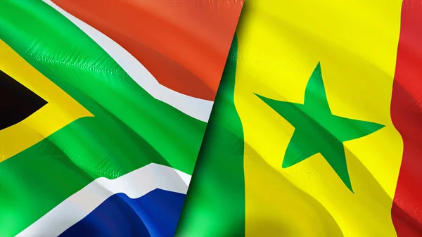 南非和塞内加尔的国旗 3D波浪旗帜设计 南非塞内加尔国旗 南非对塞内加尔的图像 3D渲染 South Africa Senegal Relations Alliance — 图库照片