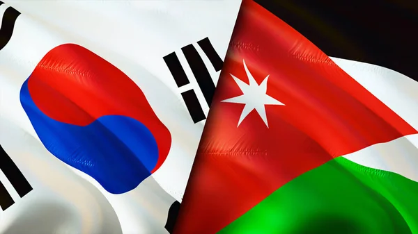 South Korea and Jordan flags. 3D Waving flag design. South Korea Jordan flag, picture, wallpaper. South Korea vs Jordan image,3D rendering. South Korea Jordan relations alliance an