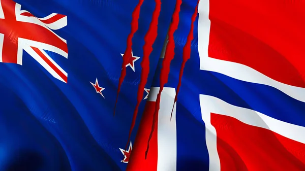 New Zealand and Norway flags with scar concept. Waving flag 3D rendering. New Zealand and Norway conflict concept. New Zealand Norway relations concept. flag of New Zealand and Norway crisis,war