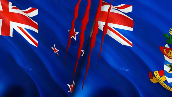 新西兰和开曼群岛具有疤痕概念的国旗 波浪旗3D渲染 新西兰和开曼群岛冲突概念 新西兰开曼群岛关系概念 新西兰国旗 — 图库照片