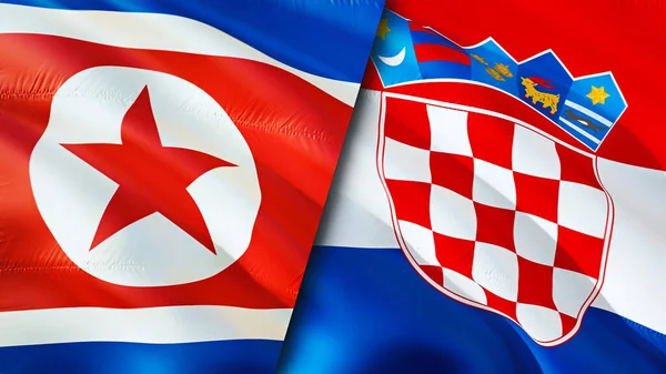 North Korea and Croatia flags. 3D Waving flag design. North Korea Croatia flag, picture, wallpaper. North Korea vs Croatia image,3D rendering. North Korea Croatia relations alliance an
