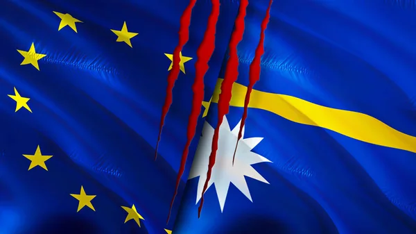 European Union and Nauru flags with scar concept. Waving flag,3D rendering. European Union and Nauru conflict concept. European Union Nauru relations concept. flag of European Union and Naur