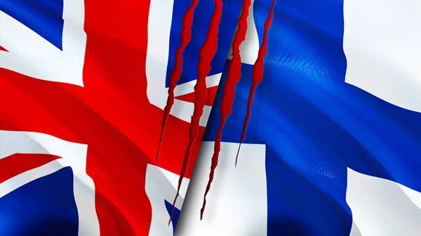 イギリスとフィンランドは傷の概念でフラグを立てます 旗を振って3Dレンダリング イギリスとフィンランドの紛争の概念 イギリスフィンランド関係の概念 イギリスの国旗 — ストック写真