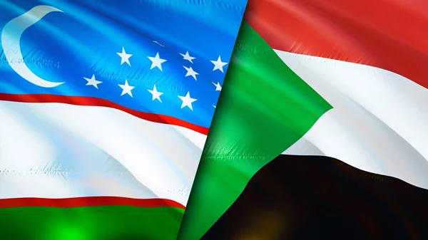 Uzbekistan and Sudan flags. 3D Waving flag design. Uzbekistan Sudan flag, picture, wallpaper. Uzbekistan vs Sudan image,3D rendering. Uzbekistan Sudan relations alliance and Trade,travel,touris