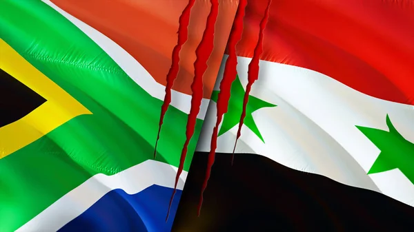 South Africa and Syria flags with scar concept. Waving flag,3D rendering. South Africa and Syria conflict concept. South Africa Syria relations concept. flag of South Africa and Syria crisis,war
