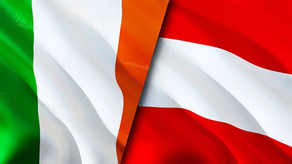 Ireland and Austria flags. 3D Waving flag design. Ireland Austria flag, picture, wallpaper. Ireland vs Austria image,3D rendering. Ireland Austria relations war alliance concept.Trade, touris