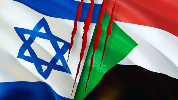 Israel and Sudan flags with scar concept. Waving flag,3D rendering. Israel and Sudan conflict concept. Israel Sudan relations concept. flag of Israel and Sudan crisis,war, attack concep