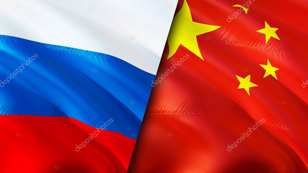 Russia and China flags. 3D Waving flag design. Russia China flag, picture, wallpaper. Russia vs China image,3D rendering. Russia China relations alliance and Trade,travel,tourism concep