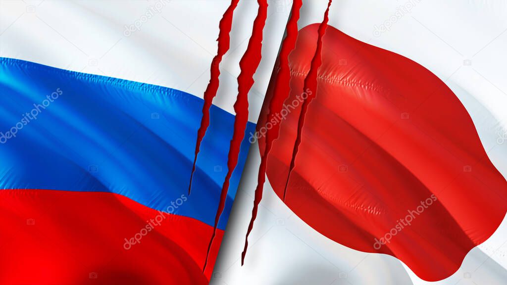 Russia and Japan flags with scar concept. Waving flag,3D rendering. Russia and Japan conflict concept. Russia Japan relations concept. flag of Russia and Japan crisis,war, attack concep