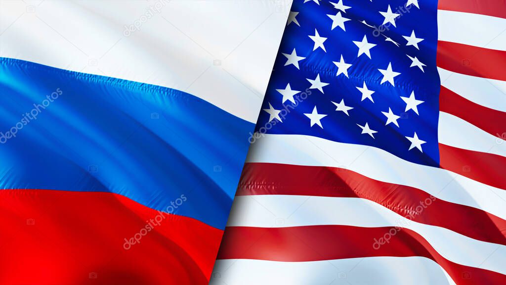 Russia and United States flags. 3D Waving flag design. Russia United States flag, picture, wallpaper. Russia vs United States image,3D rendering. Russia United States relations alliance an