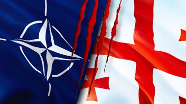 Yara izi olan NATO ve Gürcistan bayrakları. Dalgalanan bayrak, 3 boyutlu görüntüleme. Gürcistan ve NATO çatışma konsepti. NATO Gürcistan ilişkileri. NATO ve Gürcistan bayrağı krizi, savaş, saldırı konsepti