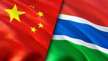 Çin ve Gambiya bayrakları. 3 boyutlu dalgalanan bayrak tasarımı. Çin Gambiya bayrağı, resim, duvar kağıdı. Çin, Gambiya 'ya karşı, görüntü 3 boyutlu. Çin Gambiya ilişkileri ittifak ve ticaret, seyahat, turizm konsepti