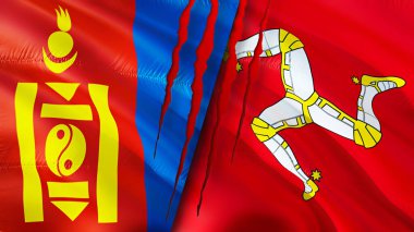 Moğolistan ve Man Adası yara izi olan bayraklar. Dalgalanan bayrak, 3 boyutlu görüntüleme. Moğolistan ve Man Adası çatışma konsepti. Moğolistan Erkek İlişkileri Adası konsepti. Moğolistan bayrağı ve Ma Adası