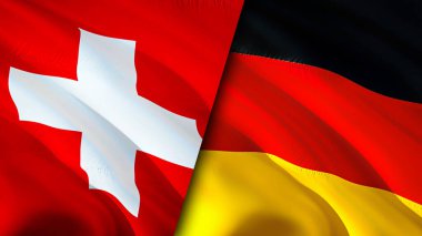 İsviçre ve Almanya bayrakları. 3 boyutlu dalgalanan bayrak tasarımı. İsviçre Almanya bayrağı, resim, duvar kağıdı. İsviçre, Almanya 'ya karşı, görüntü 3D. İsviçre ile Almanya arasındaki ilişkiler
