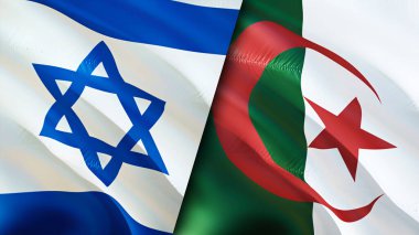 İsrail ve Cezayir bayrakları. 3 boyutlu dalgalanan bayrak tasarımı. İsrail Cezayir bayrağı, resim, duvar kağıdı. İsrail, Cezayir 'e karşı, görüntü 3D. İsrail Cezayir ilişkileri ittifak ve ticaret, seyahat, turizm konsepti