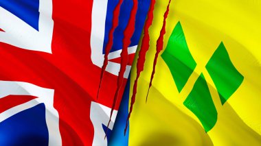 Birleşik Krallık, Saint Vincent ve yara izi konseptli Grenadines bayrakları. Dalgalanan bayrak, 3 boyutlu görüntüleme. Birleşik Krallık ve Saint Vincent ve Grenadines çatışma konsepti. Birleşik Krallık Sain